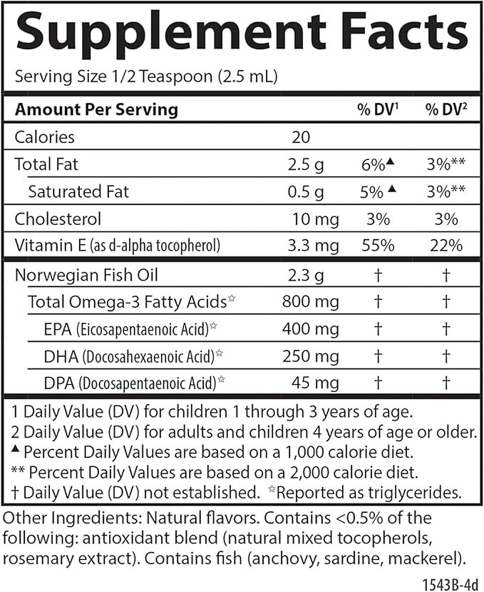 Carlson - Kid's The Very Finest Fish Oil Liquid, 800 mg Omega-3s, Norwegian, Wild-Caught Fish Oil, Omega 3 Liquid for Kids, Sustainably Sourced, Lemon, 200 ml