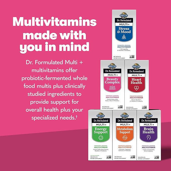 Garden of Life Dr Formulated Multi+ Beauty Complex Fermented Liposomal Multivitamin Plus Hair Skin and Nails Vitamins, French Melon SOD, Biotin & Probiotics, 30 Capsules, Supplement for Women & Men
