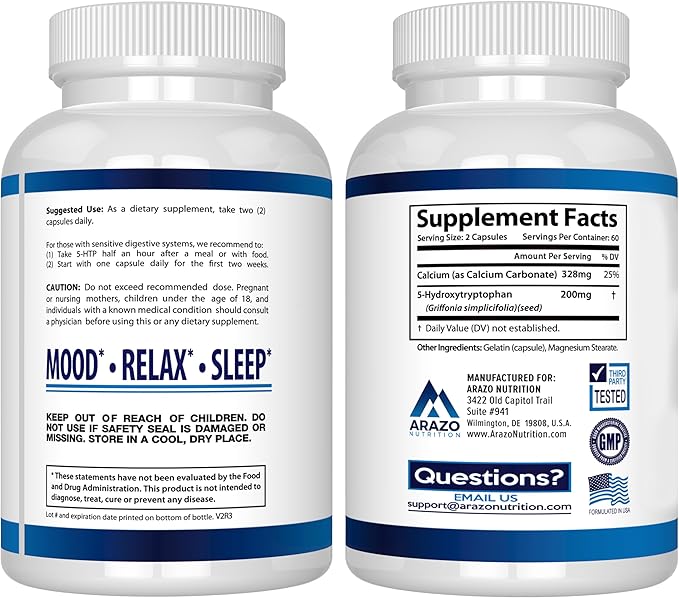 5-HTP 200 MG Plus Calcium for Mood, Sleep – Supports Calm and Relaxed Mood – 99% High Purity – 120 Capsules – Arazo Nutrition