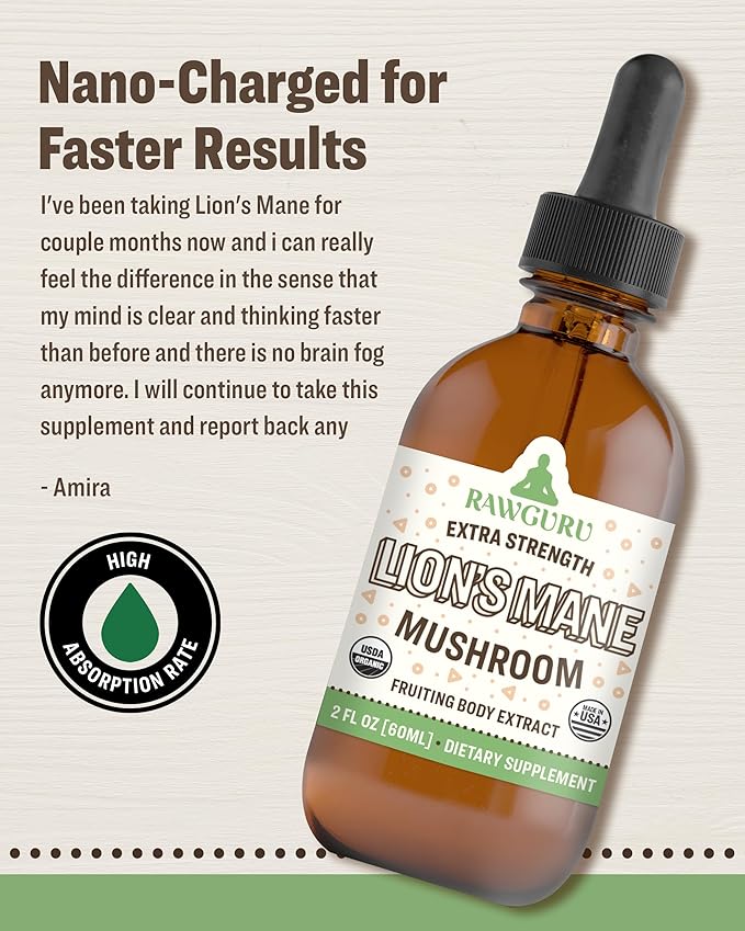 RawGuru Lion's Mane Mushroom Tincture - Vegan Lion's Mane Extract with Trace Minerals - Nano-Processed Immunity Boost & Cognitive Supplement - 120 Servings of Vegan Drops per 60 ml, Pack of 1