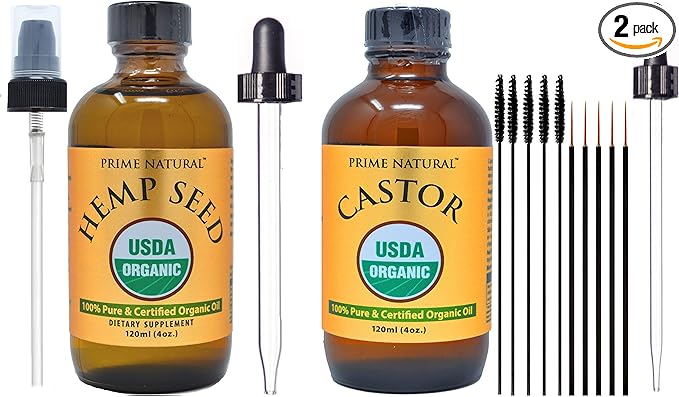 PRIME NATURAL Organic Hemp Seed Oil & Organic Castor Oil - Cold Pressed, Virgin, Unrefined - 4oz/120ml Each - 2 Oil Bundle