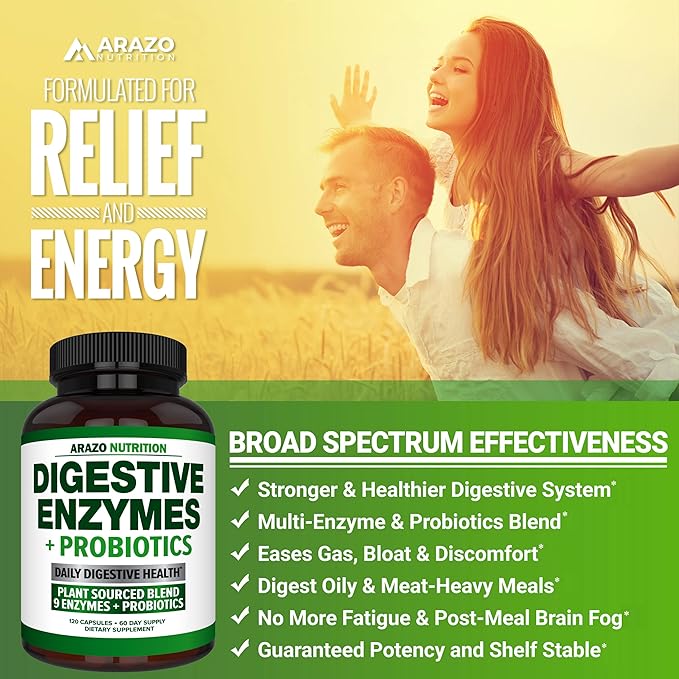 Digestive Enzymes with Probiotics - Multi Enzyme Nutritional Supplement - Acidophilus Bromelain Papaya Papain Lipase & Lactase - Improve Digestion - 120 Pills - Arazo Nutrition