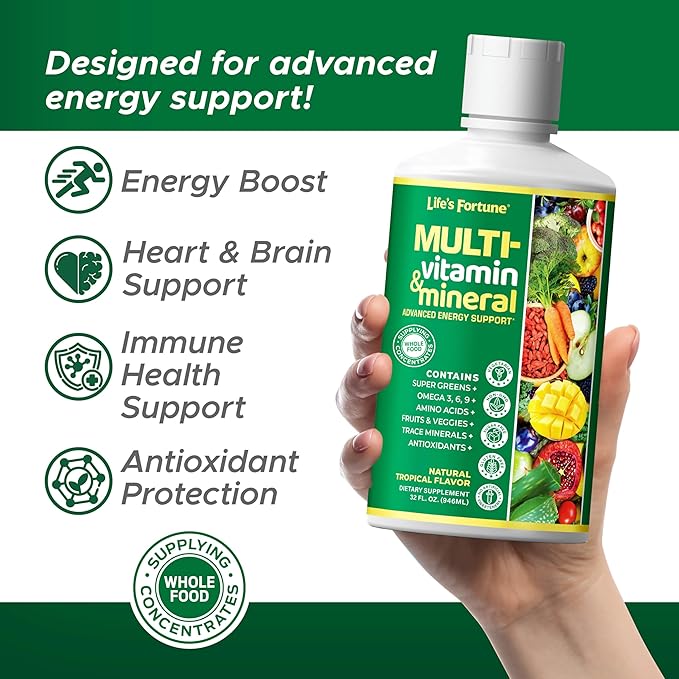 Life's Fortune Liquid Multivitamin for Men, Women & Teens, High Absorption Vitamins with Biotin, Vitamin C, D3, Minerals | Non-GMO, No Sugar Added | Supports Hair, Body Health & Energy | 32 oz