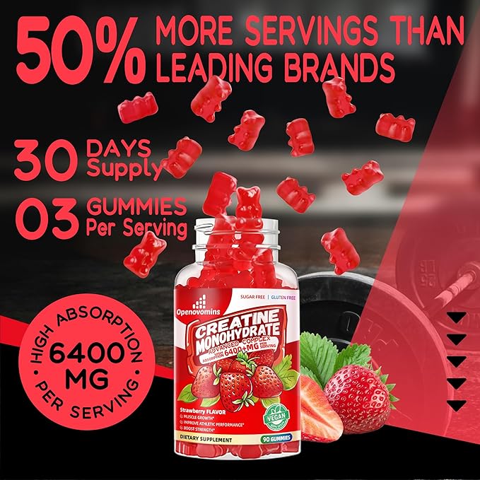 Creatine Monohydrate Gummies Complex for Men & Women -Advanced Formula W/L-Taurine + Vitamin B12, Sugar Free Chewable Supplement,180 Strawberry Gummies 2pack