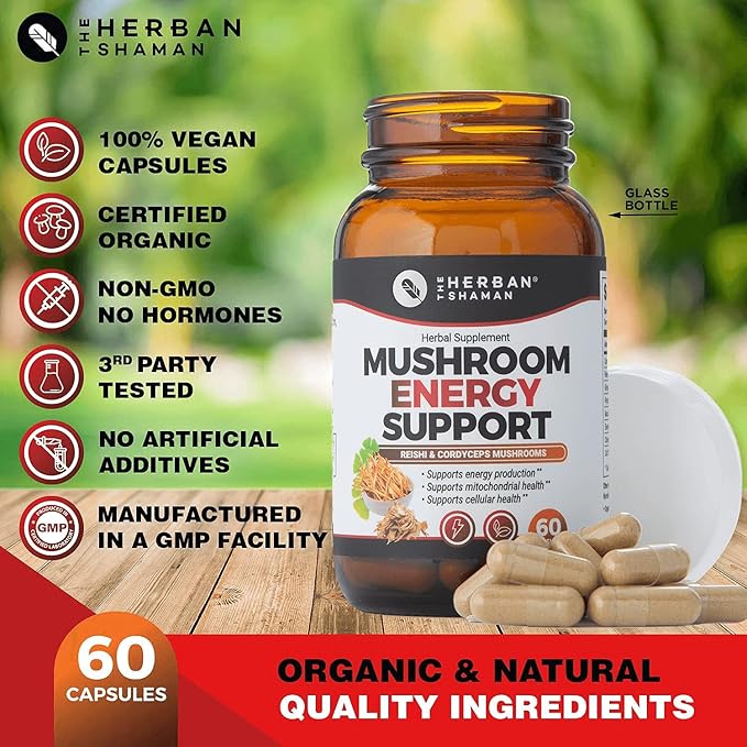 Mushroom Supplement Energy Support | Organic Mushroom Herbal Capsules with Reishi, Ginkgo, Rhodiola, Maca, Chinese Ginseng, CoQ10 + More (60 Capsules)