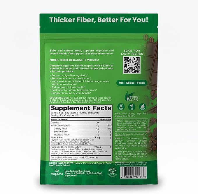 nbpure Daily Fiber Powder Blend for Digestive Health, Cholesterol Support, Healthy Weight Management - with Prebiotic, Insoluble, Soluble Fiber + 4 Probiotic Strains, Savory Mocha, Gusset, 45 Servings