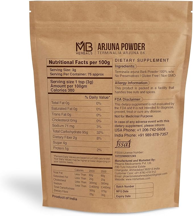 MB Herbals Arjuna Powder 8 oz / 27 Gram | Wildcrafted Terminalia arjuna Bark Powder