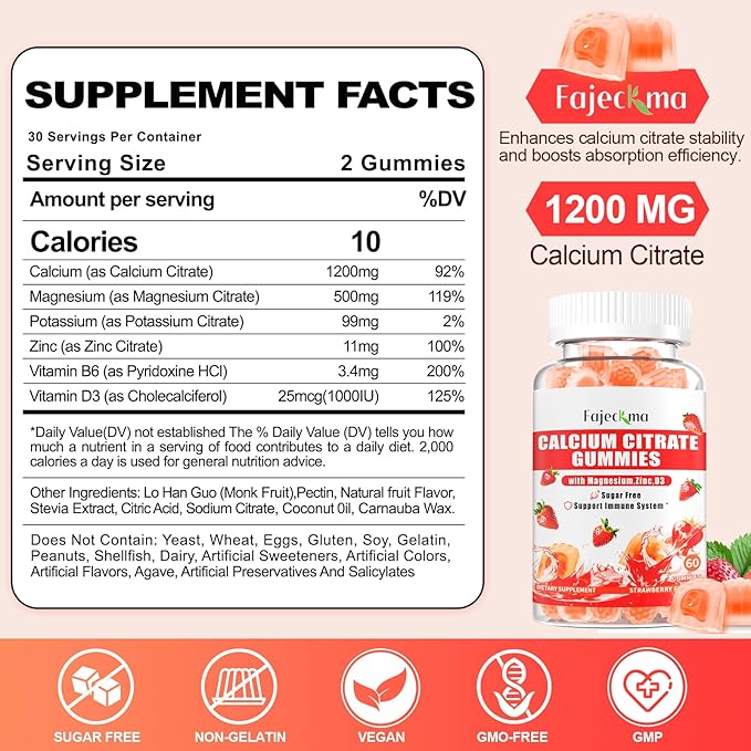 Calcium Citrate Gummies for Women Men: 1200 Calcium Magnesium Zinc with Vitamin D3 B6 Supplement for Adult - Vegan High Absorption Chewable Gummy Sugar Free(120Count)