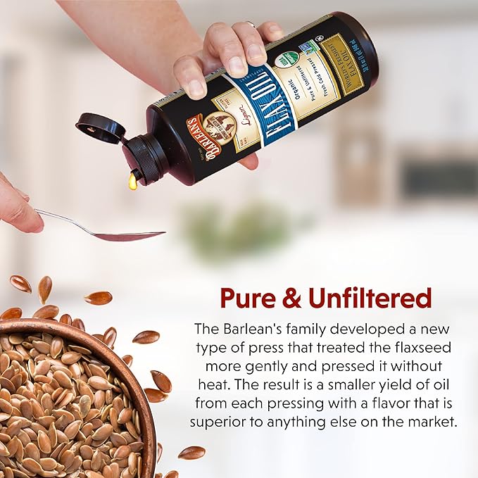 Barlean's Organic Lignan Flaxseed Oil Liquid Supplement from Cold Pressed Flax Seeds - 7,230 mg ALA Omega-3 Fatty Acids for Heart Health, Vegan and Gluten Free, 16 oz