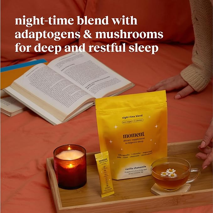 Moment Sleep Tea (Shark Tank) | Vanilla Chamomile | Melatonin Alternative | 0 Sugar | Low Calorie | 0 Caffeine | Mushroom Drink | Adaptogens, Reishi, GABA, Magnesium, Chamomile | Keto | 15 Servings