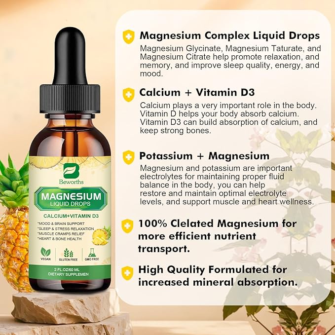 2Pack Magnesium Glycinate Complex, Magnesium Liquid Drops with Magnesium Citrate, Calcium, Potassium, Vitamin D3, Zinc - Magnesium Taurate Supplement
