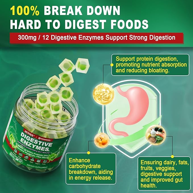 Neviss Digestive Enzymes Gummies Plus 90 Billion CFU Probiotics & Prebiotics & Postbiotic and Fiber for Women and Men, Daily Multi-Enzymes for Digestive Health, Regularity Gut, Immune,Sugar Free 60Cts