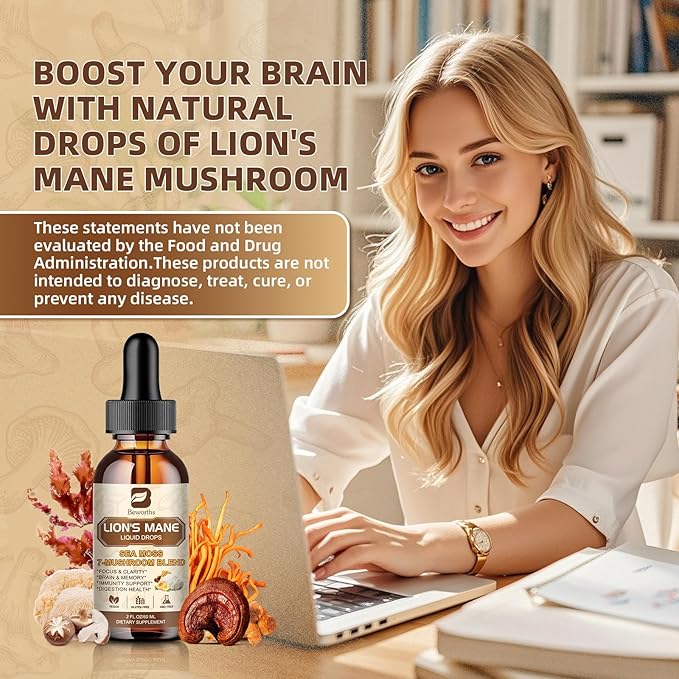 Lions Mane Mushroom Liquid Drops with 6 Mushroom Complex & Irish Sea Moss, Dual-Extracted for Cognitive & Immune Support – Vegan, Non-GMO Supplement – 60mL Peach Flavor
