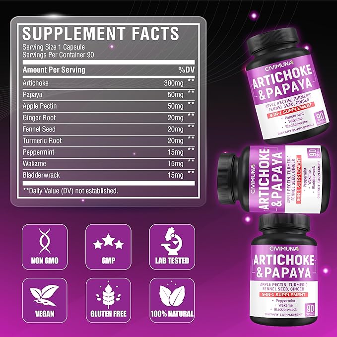 Artichoke Capsules with Artichoke, Papaya, Apple Pectin and More - 90 Capsules for 3 Months Supply