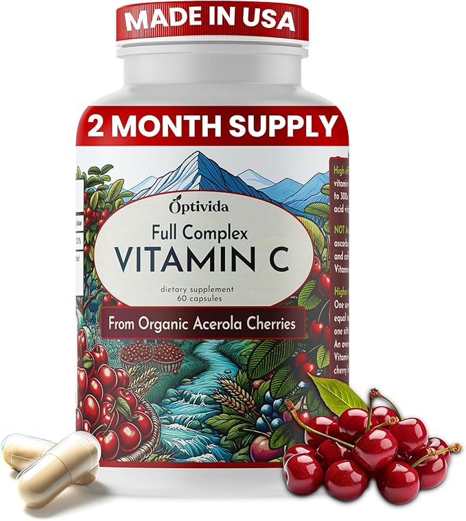 OPTIVIDA Plant Based Natural Acerola Cherry Vitamin C Capsules (60 Count), Time Release Organic Vitamin C | (Non Ascorbic Acid) Vegan Supplement for Immune Support, Healthy Skin & Joints