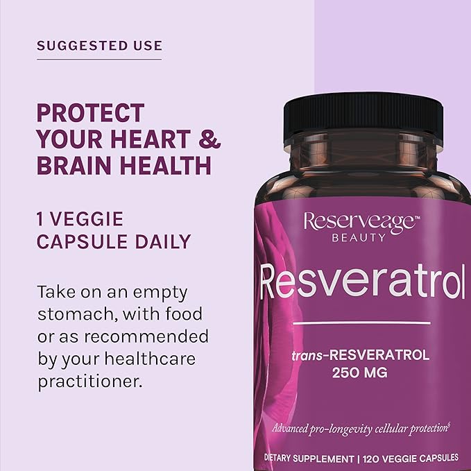 Reserveage Nutrition Beauty Resveratrol 250 mg - Best Trans-Resveratrol - Vegan Antioxidant Supplement for Cellular & Heart Health - Aids Healthy Aging & Immune Health - 120 Vegetable Capsules