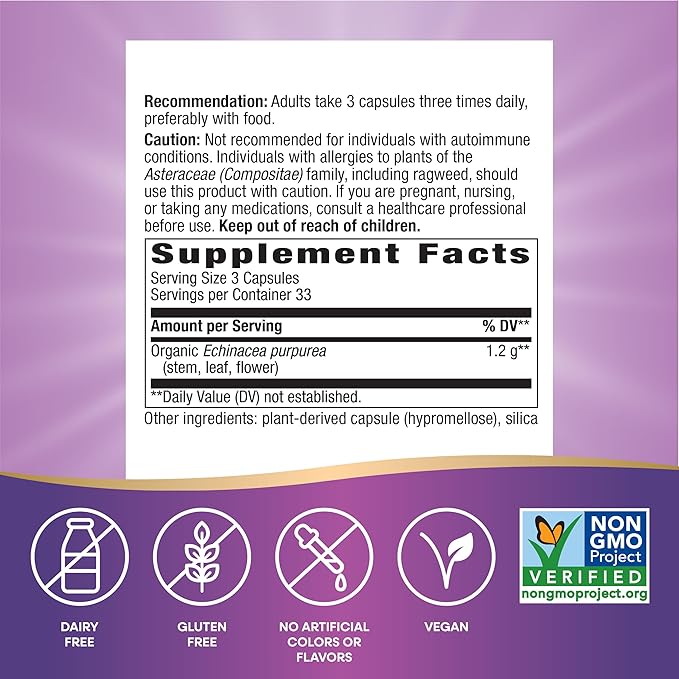 Nature's Way Echinacea Purpurea Herb, Supports Immune Health*, 1200 mg per 3-Capsule Serving, Non-GMO Project Verified, Vegan, 100 Capsules (Packaging May Vary)