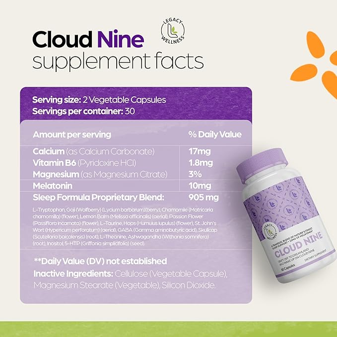 Cloud 9 - All Natural Sleep Aid Supplement - Relaxing Vitamin & Herbal Formula - 10mg Melatonin Calcium Magnisium L-Theanine 5-HTP GABA St. John's Wort Ashwagandha Chamomile & More 60 Vegan Capsules