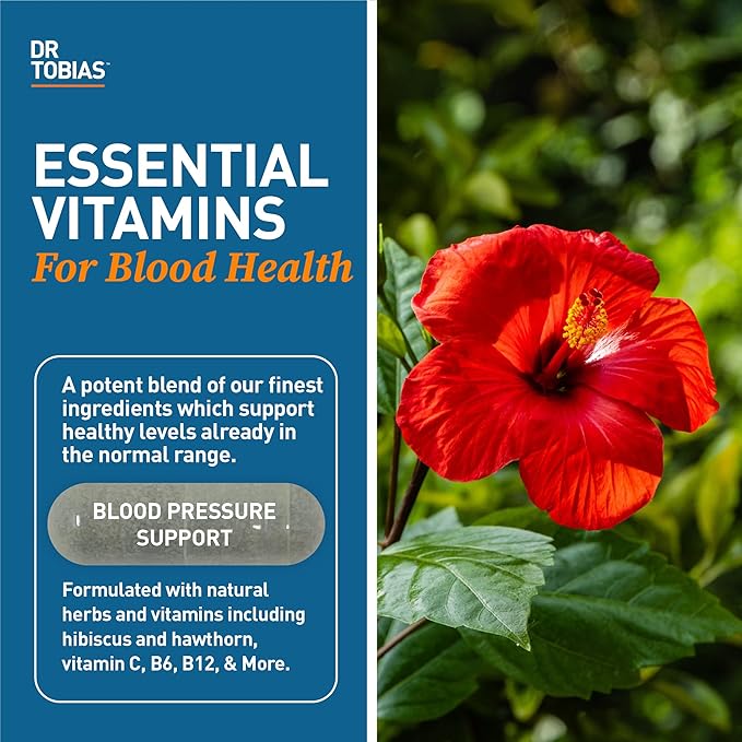 Dr. Tobias Blood Pressure Support Supplement with Hawthorn, Hibiscus Flower, Olive Leaf & Garlic, Supports Normal Circulatory Health with Vitamins C, B6, B12, Niacin, Folate & Herbs, 90 Capsules