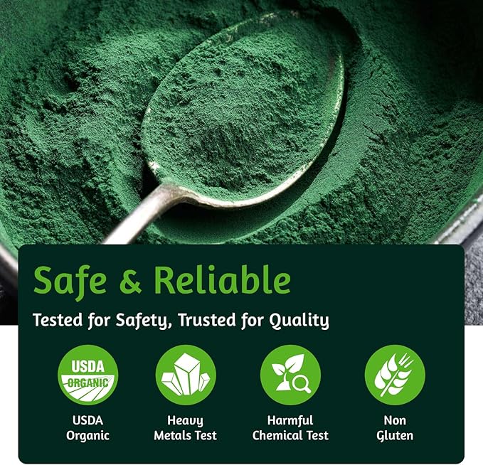 Organic Spirulina Powder, 32oz USDA Certified, 100% Pure & Natural, Non-GMO, Gluten-Free, Detox & Energy Boost, Rich in Protein, Iron, Antioxidants, Superfood for Smoothies, Ideal for Vegan