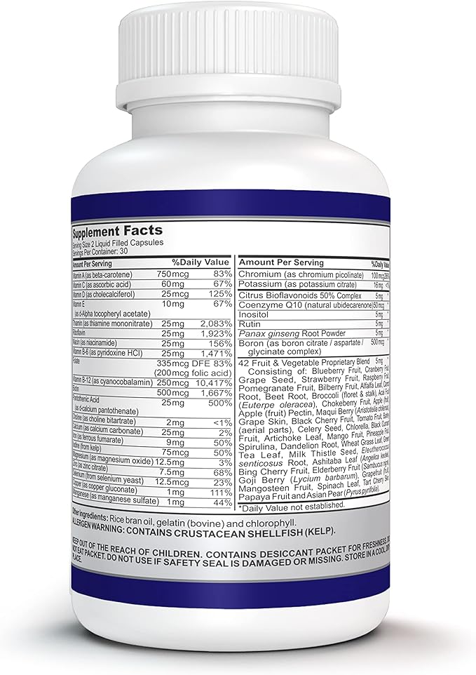 Liquid Multivitamin Complete, with a Full Spectrum of Vitamins and Minerals, Plus 42 Fruits and Vegetable Proprietary Blend, Easy Absorption (60 Vegan Liquid Filled Capsules)