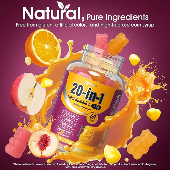 Fiber Supplement 20-in-1, Fiber Gummies for Adults, 50 Billion CFU Probiotic & Prebiotic Supplement with Inulin, Psyllium, Support for Gut & Digestive Health, 60-Count, Peach & Orange