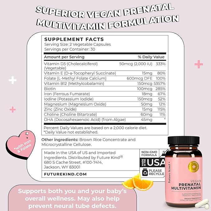 Future Kind Vegan Prenatal Vitamin with DHA & L-Methylfolate in Glass Bottle - Prenatal Folate Supplement for Women with Vitamin D & E, Iron & Biotin - Gluten-Free, Non-GMO (60ct)