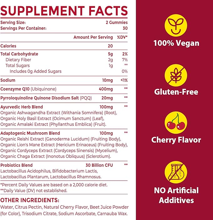 CoQ10 Gummies with PQQ - 400 MG Coenzyme Q10 High Potency, Enhanced with Ayurvedic Herbs, Adaptogenic Mushroom Blend & Probiotics for Heart, Brain, Energy, Immunity, Cherry Flavor, 60 Vegan Gummies