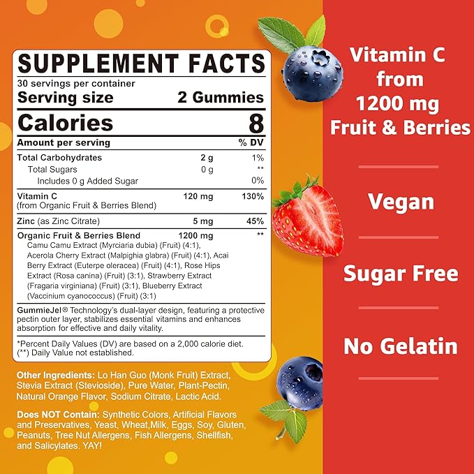 Whole Food Vitamin C Gummies for Adults & Kids, Zero Sugar, Natural Antioxidants, Bioflavonoids, Organic Vitamin C Supplement for Immune & Collagen Support, High Absorption, Vegan, Chewable, 60 Cts