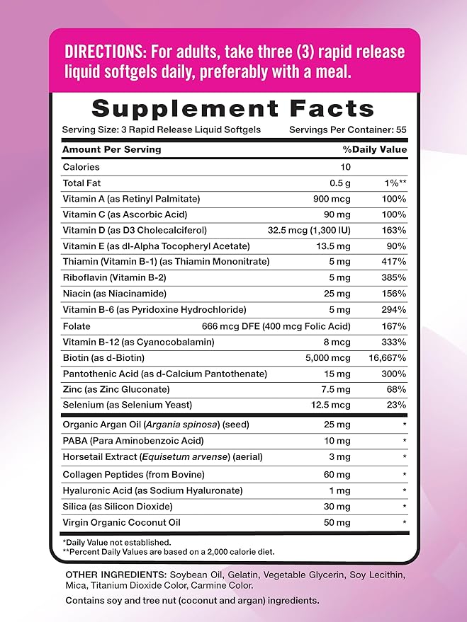 Nature's Truth Hair, Skin & Nails Vitamin | 5000 mcg Biotin | 165 Softgels | with Collagen | Non-GMO & Gluten Free Supplement