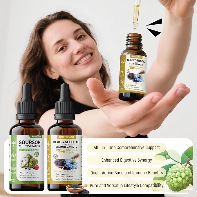 Organic Soursop Bitters and Black Seed Oil Drops Bundles with Vitamins D3, K2, B6, C | Vegan, Non-GMO, Gluten-Free