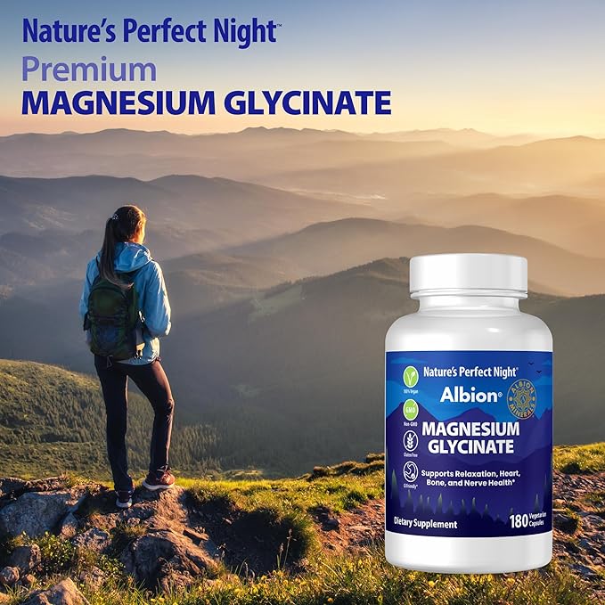 Nature’s Perfect Night | Magnesium Glycinate | 180 Veggie Caps | 100% Chelated | Albion Gold Medallion | GI Friendly | Non-GMO | Gluten Free | Supports Relaxation, Heart, Bone, and Nerve Health |