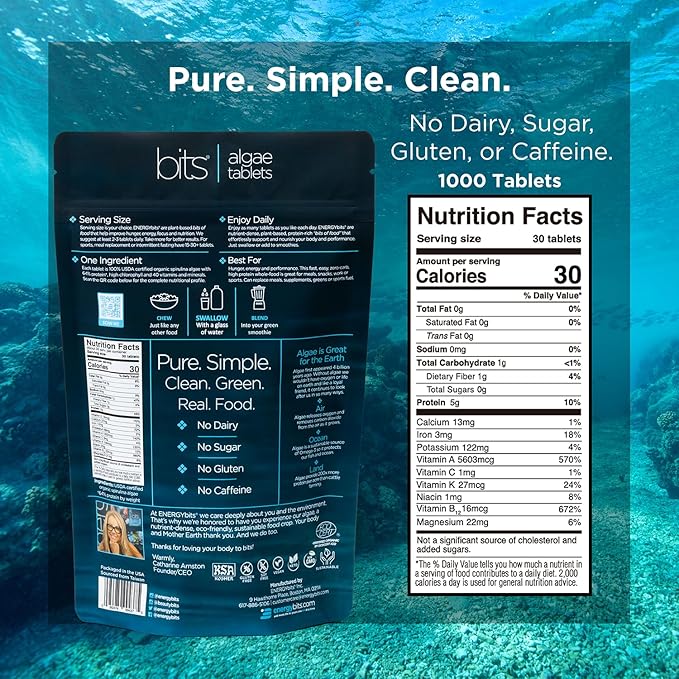ENERGYBITS - Organic Spirulina Tablets - Plant-Based Algae Superfood - for Focus, Fitness, Energy - Plant Protein - Gluten Free - Collagen, Vitamin B12, Omega 3 - Keto & Vegan - 1000 Algae Tablets