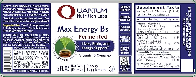 Quantum Nutrition Labs Max Energy B - Vitamin B Complex Liquid Drops, Organic Vitamin B Supplement for Women and Men, Vitamin B1, B2, B3, B5, B6, B12 - 2 Fl Oz
