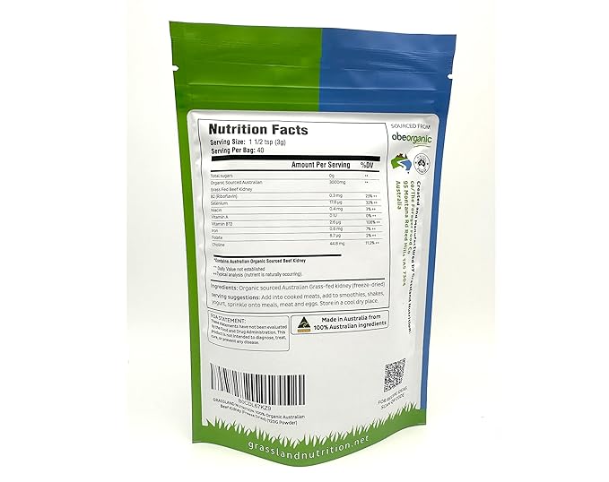 GRASSLAND NUTRITION 100% Organic Australian Beef Kidney (Freeze Dried) - High in B12 and Selenium, DAO (120G Powder)