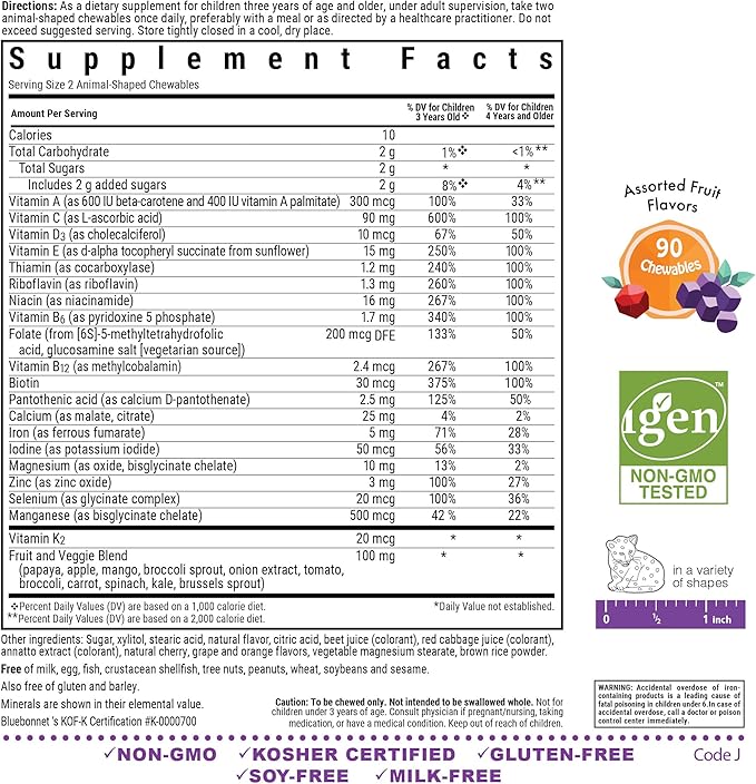 Bluebonnet Nutrition Rainforest Animalz Whole Food Based Multiple Chewable Tablets, Kids Multivitamin & Mineral, Vitamin C, D3, Iron, Gluten Free, Milk Free, Kosher, 90 Chewable Tablets, Mixed Flavors