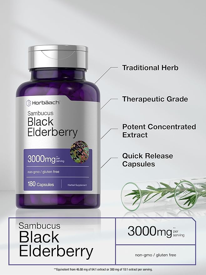Horbäach Black Elderberry | 3000mg Capsules | 180 Count | Non-GMO, Gluten Free | Sambucus Extract Supplement