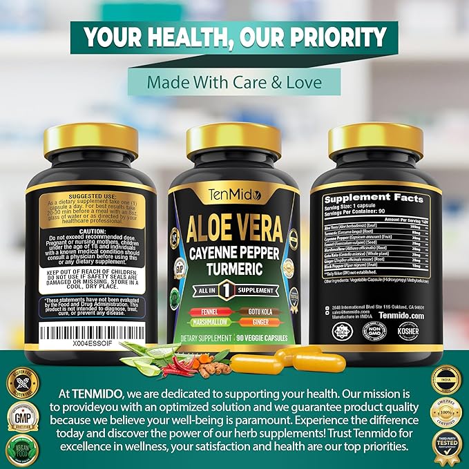 Aloe Vera Capsules Supplement - 8in1 Formula - Combine with Turmeric, Cayenne Pepper, Marshmallow, Fennel, Gotu Kola, Ginger, and Black Pepper - 90 Capsules for 3 Months Supply