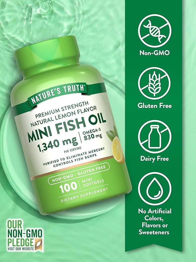 Nature's Truth Mini Fish Oil Omega 3 | 1340 mg | 100 Softgels | Burpless Lemon Flavor | Non-GMO & Gluten Free Supplement