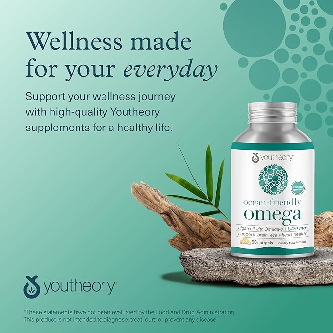 Youtheory Ocean-Friendly Omega - Vegan Algae Omega 3 Softgel - with EPA & DHA - Heart, Eye & Brain Health - Recyclable Aluminum Container - Gluten, Soy & Dairy Free - 60 Softgels