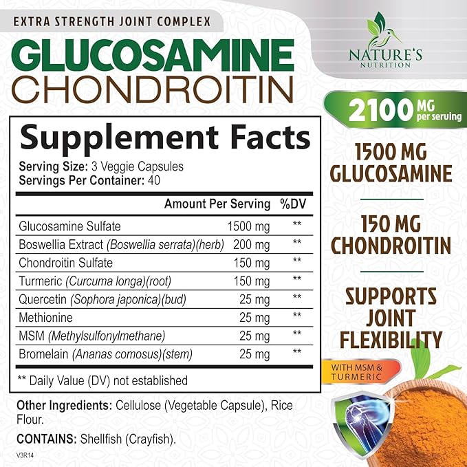 Glucosamine Chondroitin MSM 2100mg Complex - Joint Support Supplement Turmeric & Boswellia, Triple Strength Glucosamine Capsules - Support for Joint Mobility with Quercetin Bromelain - 120 Capsules