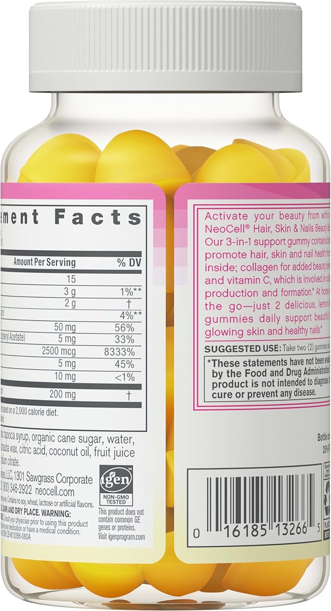 NeoCell Hair, Skin and Nails Beauty Builder With Collagen, Biotin and Vitamin C, Includes Antioxidants, Gummy, Lemon, 60 Count, 1 Bottle
