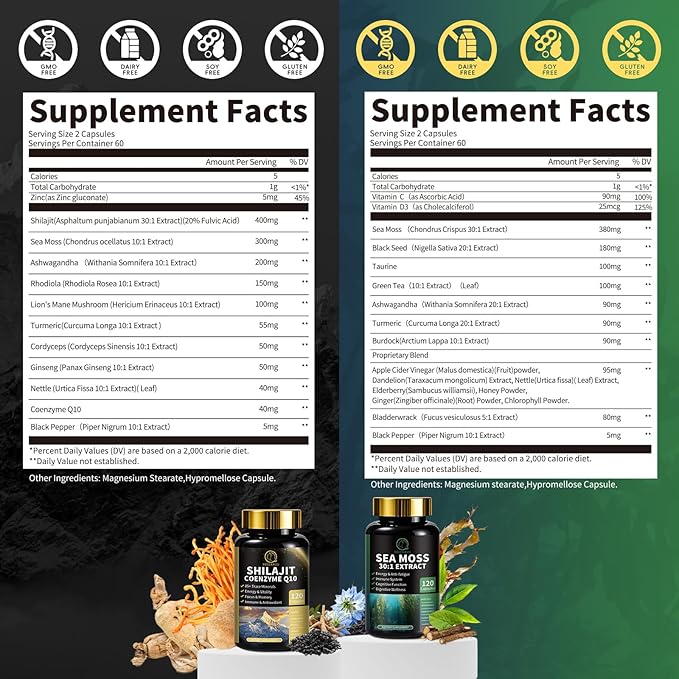 Shilajit for Men and Women, Sea Moss and Shilajit Bundle Pill, All in 1 Supplements with Coenzyme Q10, Black Seed, Ashwagandha, Taurine, Burdock for Energy, Antioxidant & Immune Support, 240 Capsule