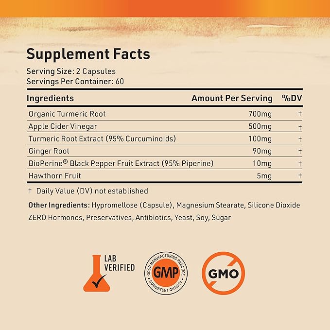 Nature's Base Turmeric Curcumin Supplement - with Ginger, Apple Cider Vinegar, & BioPerine Black Pepper Extract - 95% Curcuminoids - 120 Capsules