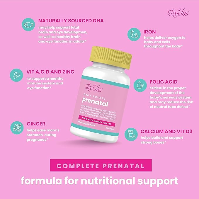 LaVie Prenatal Vitamins with Ginger, DHA, Folic Acid, & Iron - Pregnancy Must Haves for Baby's Brain & Body Development - Non-GMO, Gluten-Free Prenatals for Women (1 Month Supply)