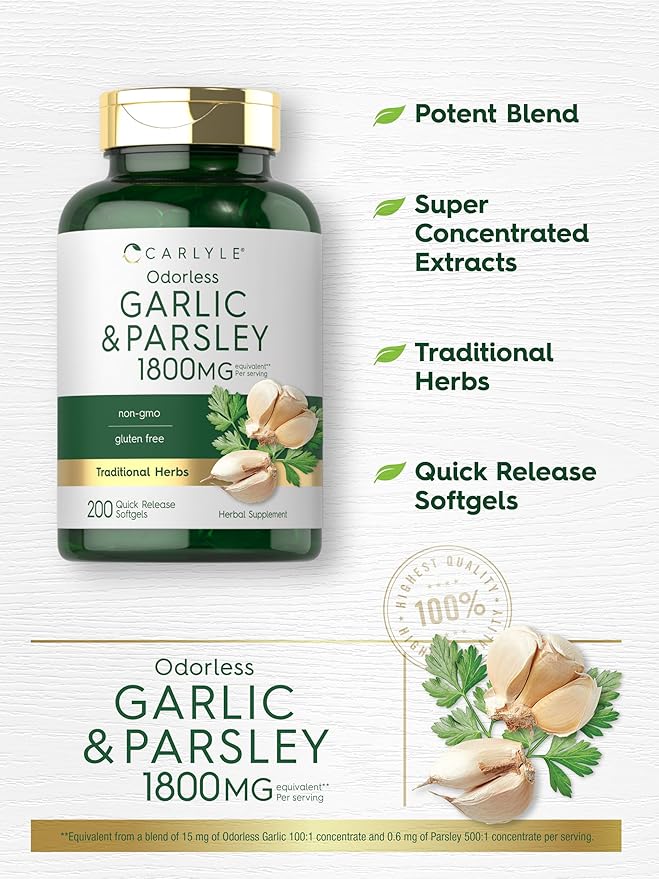 Carlyle Odorless Garlic & Parsley 1800mg | 200 Softgels | Non-GMO, Gluten Free Supplement