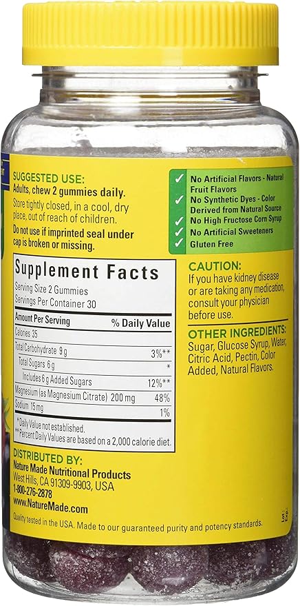 Nature Made High Absorption Magnesium Citrate 200mg Gummies, 60 Count, Mixed Berry, 60 Count (Pack of 12)