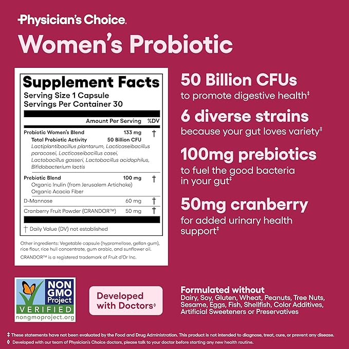 Physician's CHOICE Probiotics for Women - PH Balance, Digestive, UT, & Feminine Health - 50 Billion CFU - 6 Unique Strains for Her - Organic Prebiotics, Cranberry Extract+ - Women Probiotic - 30 CT