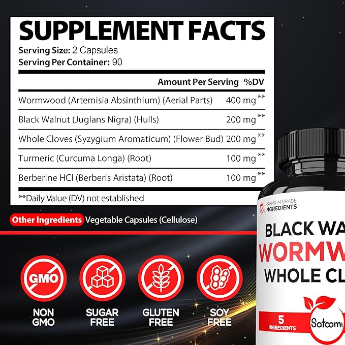 Satoomi 5 in 1 Wormwood Capsules Supplement - Extracted from Black Walnut, Whole Cloves, Turmeric and Berberine HCl - Immune System & Digestion Health - 180 Count -90 Day Supply