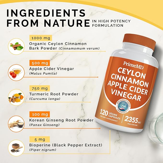 5-in-1 Ceylon Cinnamon Capsules 2355mg - Ceylon Cinnamon and Apple Cider Vinegar Capsules - Turmeric and Panax Ginseng Capsules - Cinnamon Supplements with Bioperine (120ct, Pack of 3)